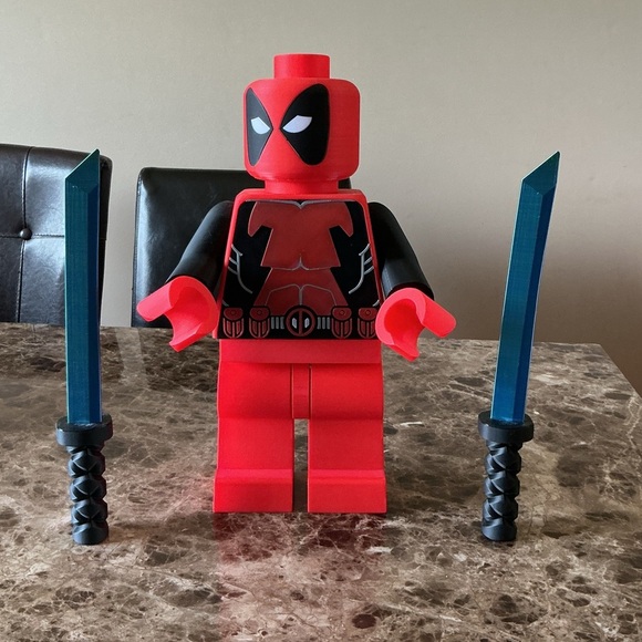 Red and Black, 16” Dead Pool Action Figure with tri colored Swords - Picture 7 of 7